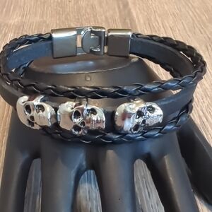 Black Leather Skull Multi-Strand Bracelet